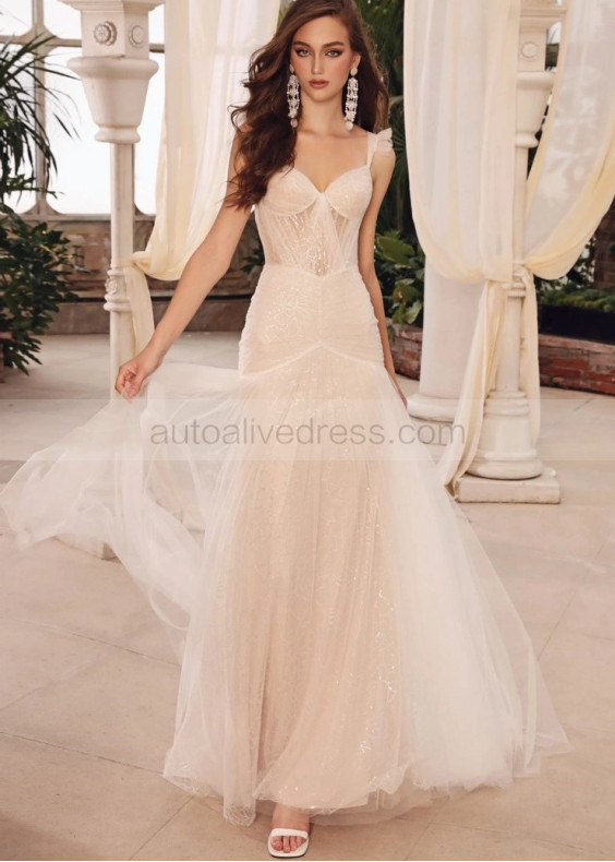 Elegant Sequined Lace Tulle V Back Wedding Dress